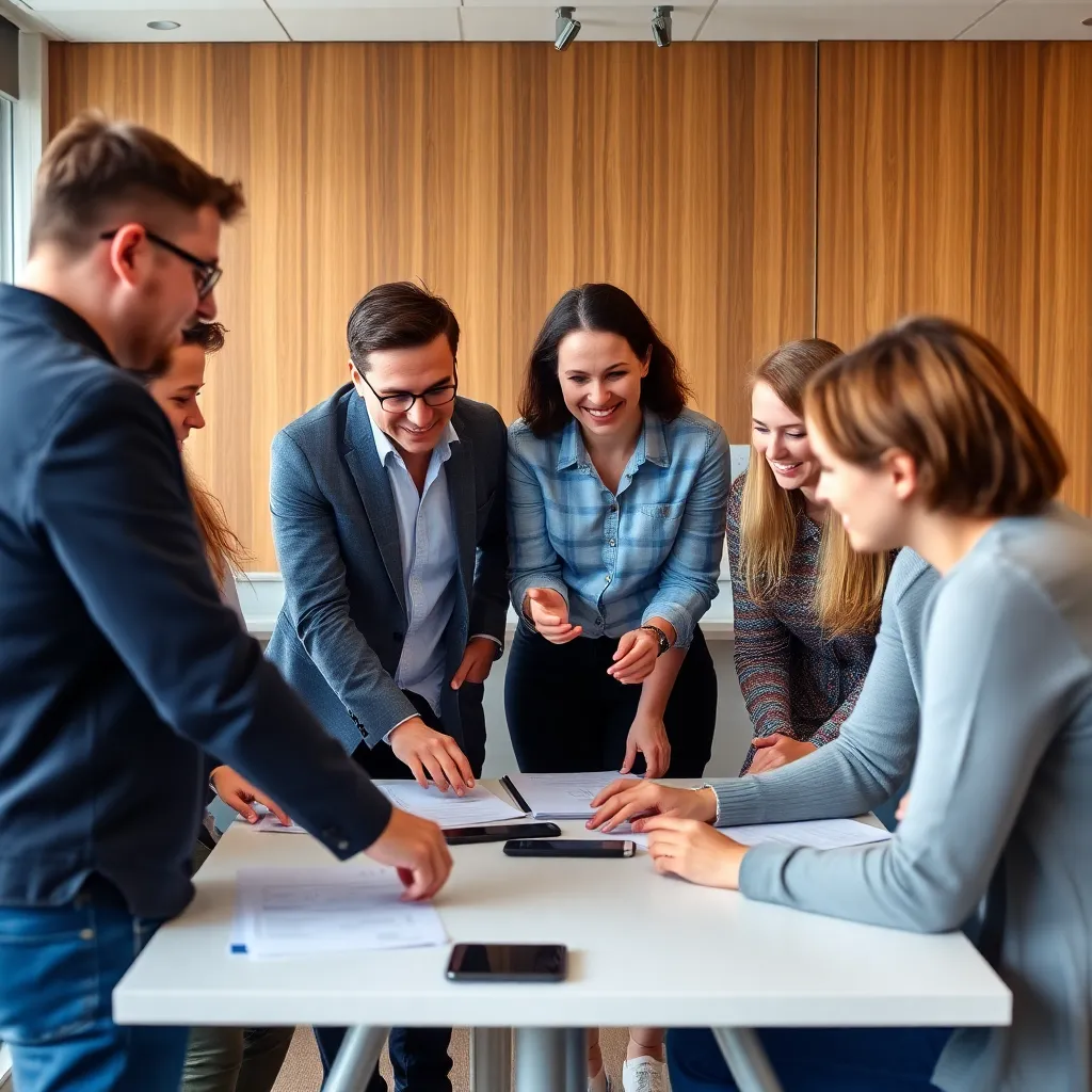 Workshop sessie over teamwerk met deelnemers die samenwerken aan een oefening