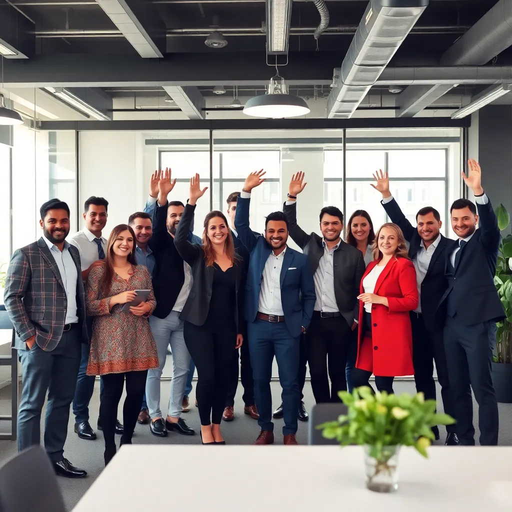 Succesvol team viert het behalen van een zakelijk doel in een Nederlands kantoor